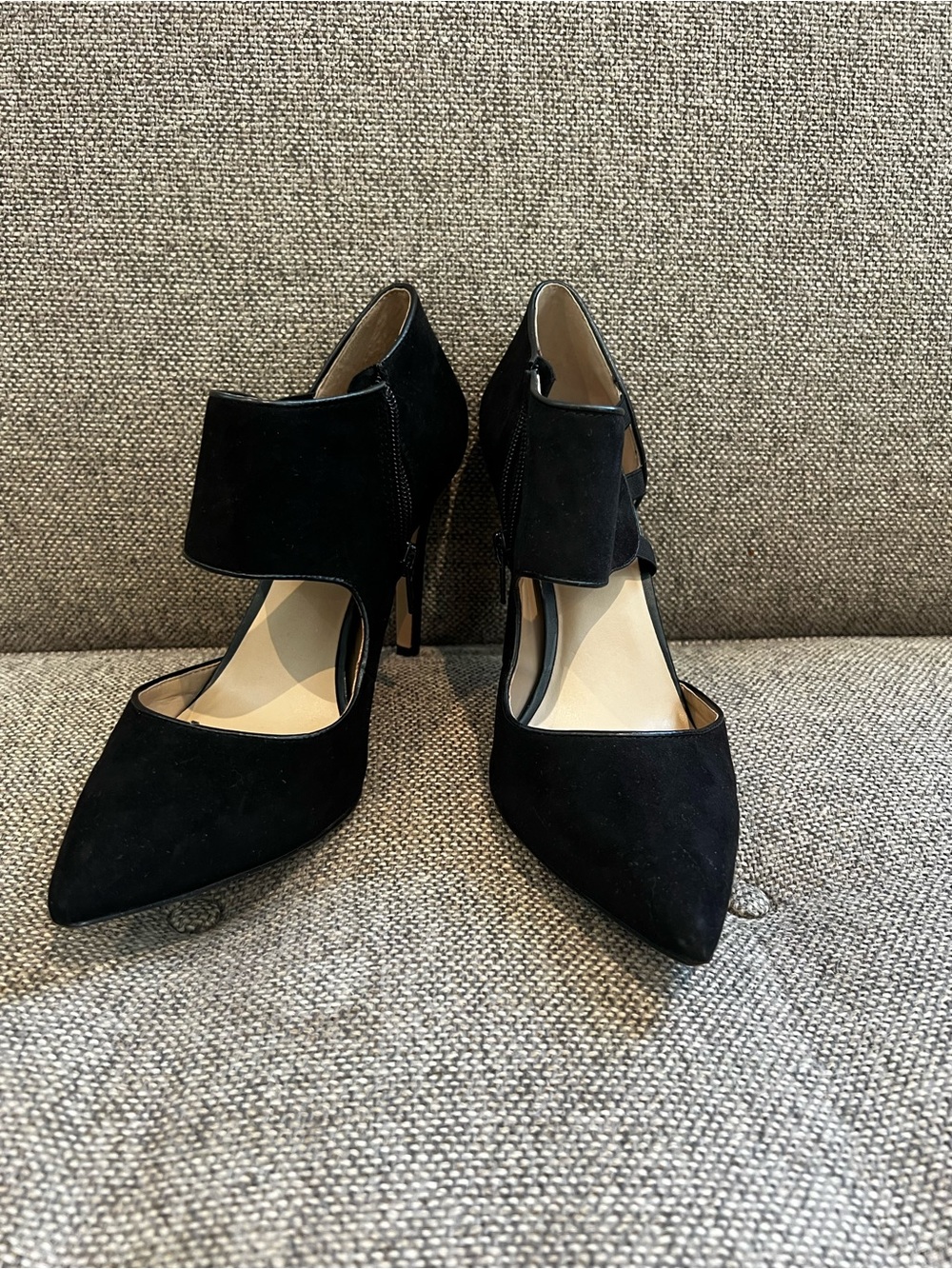 Saks Fifth Avenue Black Suede Pointed-Toe Heels with Wide Ankle Strap